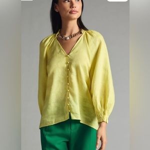 Anthropologie NWT Audie 100% Linen Puff sleeve Blouse L Large Yellow B033 Maeve